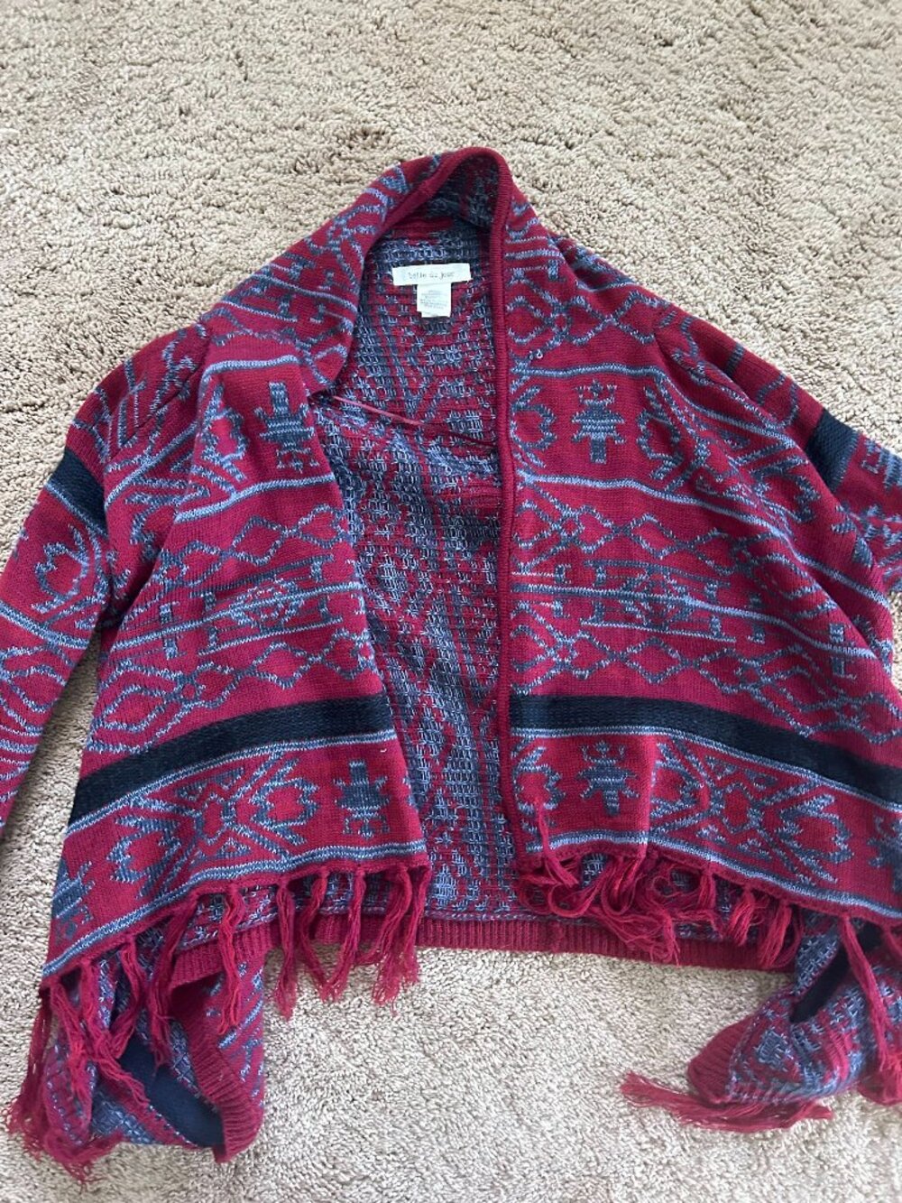 belle du jour Red and Blue Tribal Geometric Print Poncho Sweater with Fringe - Picture 2 of 4